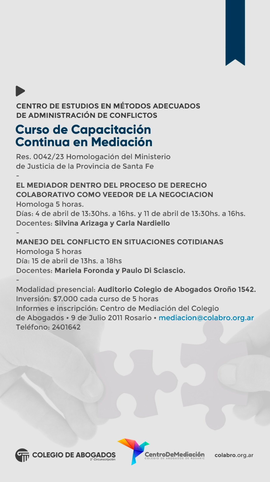 Centro de Estudios en Métodos Adecuados de Administración de Conflictos   Curso de Capacitación Continua en Mediación